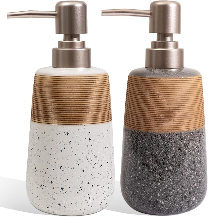 2 Pcs Ceramic Soap Dispenser Set, 15 Oz Refillable Liquid Soap Dispensers with Embossed Texture for Bathroom Countertop and Kitchen Sink, Hand Soap, Dish Soap & Lotion Bottles, Modern Home Decor