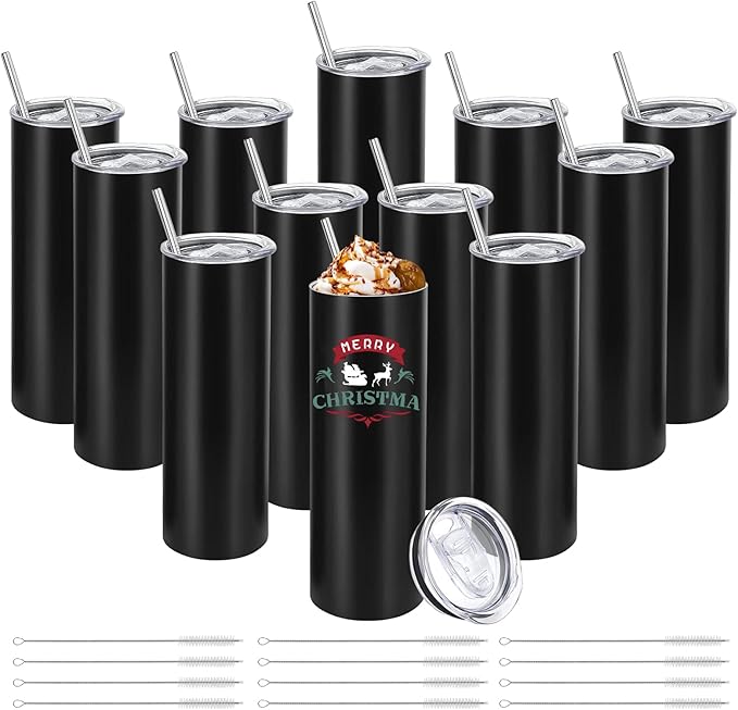 YOUKE OLA 12 Pack Stainless Steel Skinny Tumblers Bulk Straight Double Wall Insulated Tumbler with Lid and Straw for, DIY, Black, 20oz