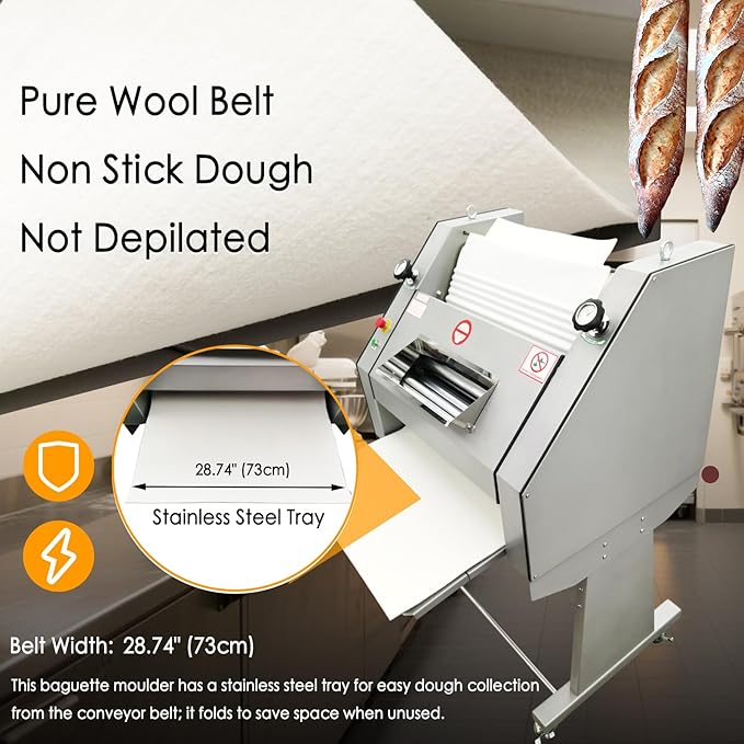 Commercial Baguette Shaper Machine 50g-1200g Adjustable Dough Roller for French Bread, 1800pcs/hr High-Capacity Bread Molder with Wool Belt, Bakery Equipment 110V