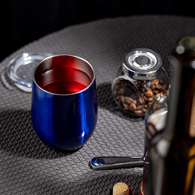 COMOOO 12oz Stainless Steel Wine Tumbler with Lid and Straw, Double Wall Vacuum Insulated Travel Tumbler Cup Stemless for Hot and Cold Drinks Coffee, Wine, Cocktails, Royal blue, 16 Pack