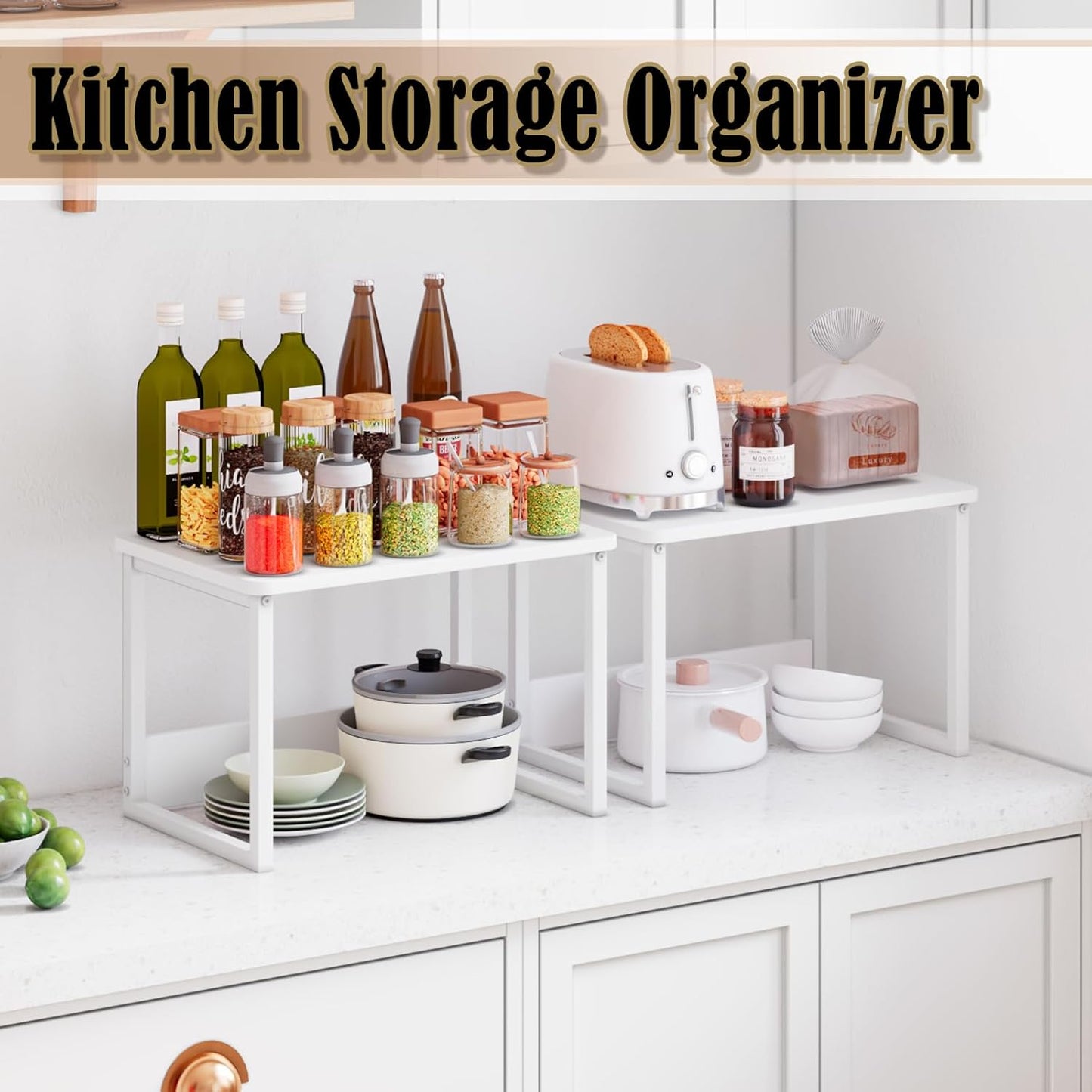MARTY Kitchen Countertop Organizer Cabinet Shelf, 17x12.4 Large Spice Racks Counter Shelf Microwave Oven Rack Desktop Storage Organization for Kitchen, Office, Metal & Wood, White