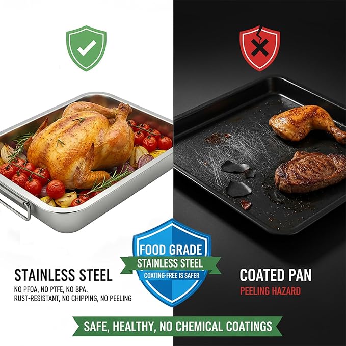 Stainless Steel Roasting Pan with Rack & Handles,15.5" x 11.6"- Food Grade No Coating Dishwasher Safe - Roaster for Turkey Chicken Meat Vegetables for Thanksgiving Christmas and Family Gatherings
