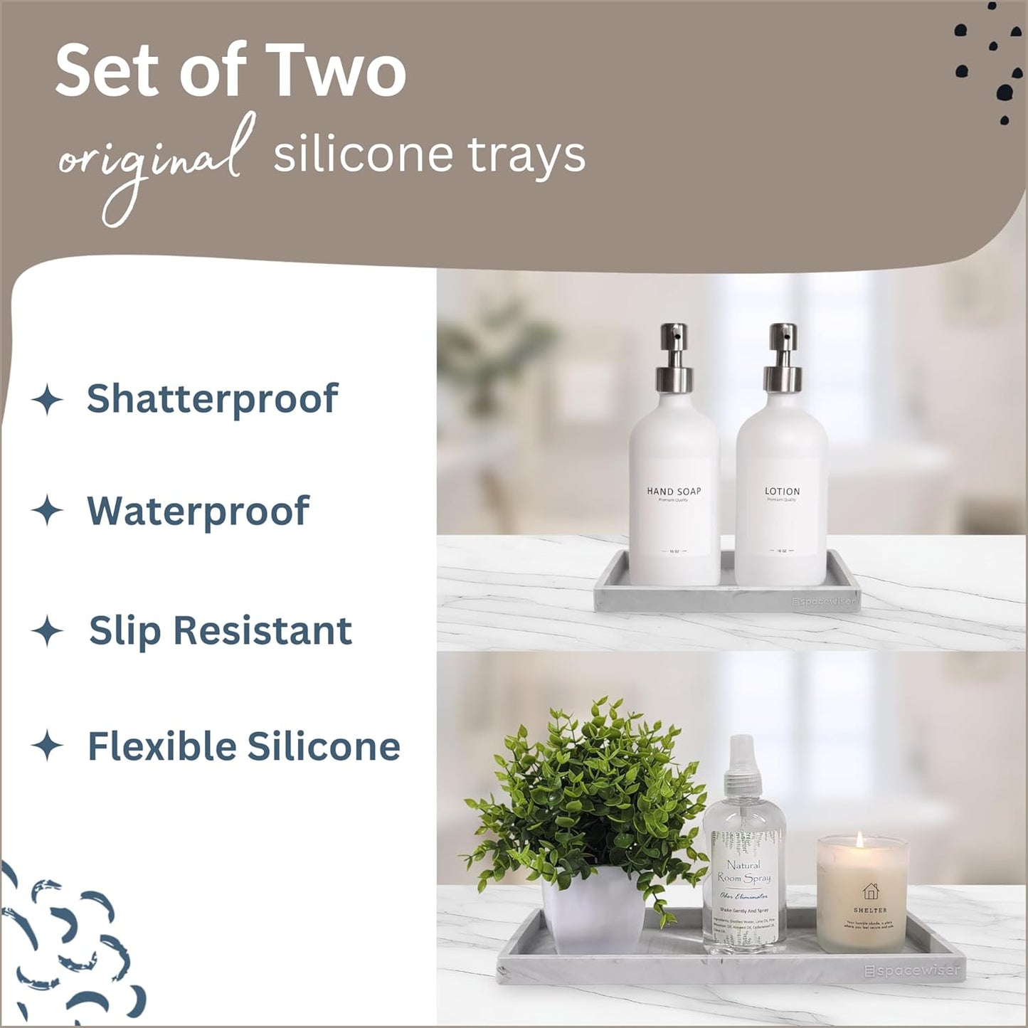 Countertop and Vanity Tray - 2 PC (11” and 7”) Shatterproof Silicone Kitchen and Bathroom Trays for Counter, Kitchen Soap Dispenser Tray, Vanity Trays for Bathroom, Perfume Key Tray
