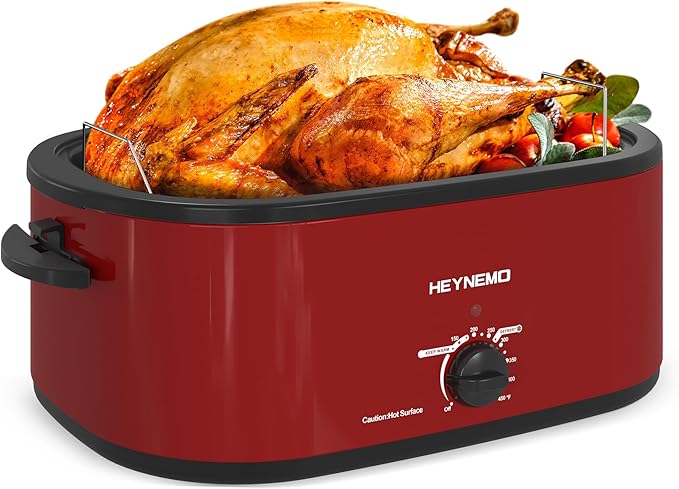 26 Quart Electric Roaster Oven with Visible & Self-Basting Lid, Large Turkey Roaster with Defrost Warm Function, Adjustable Temperature, Removable Pan Rack, Stainless Steel, Red