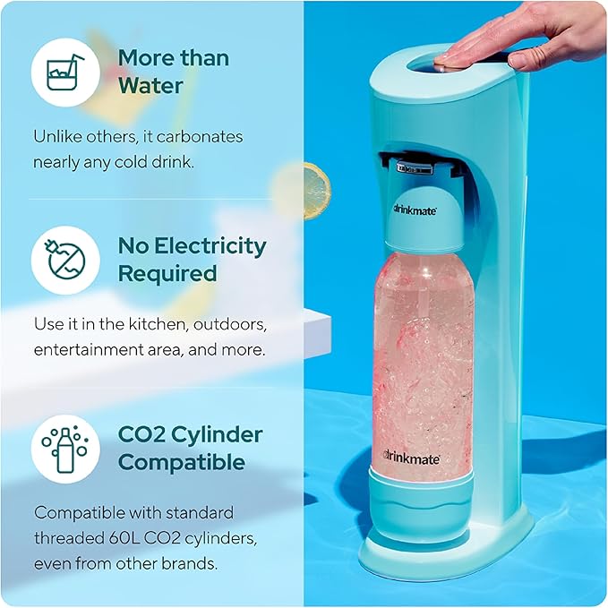 Drinkmate OmniFizz Sparkling Water Maker & Soda Streaming Machine | Carbonates Any Drink | PREMIUM KIT | Includes Four 60L CO2 Cartridges + One BPA-Free Bottle (Arctic Blue)