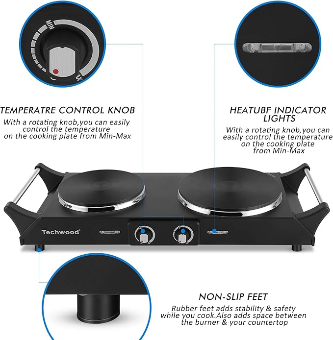Techwood 1800W Hot Plate Portable Electric Stove Countertop Double Burner with Adjustable Temperature & Stay Cool Handles, 7.5” Cooktop for RV/Home/Camp, Compatible for All Cookwares