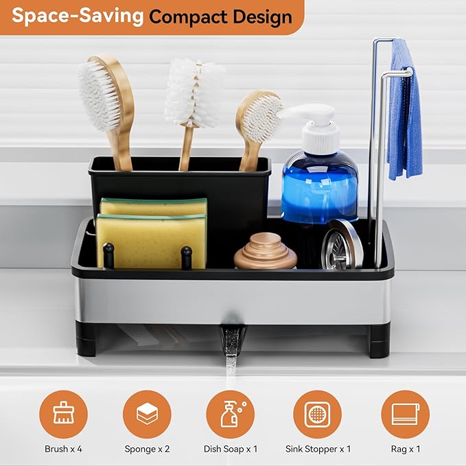 Sponge Holder for Kitchen Sink, Rustproof Stainless Steel Sink Caddy with Auto-Drain, Removable Brush Holders, Soap and Dishcloth Organizer, Black