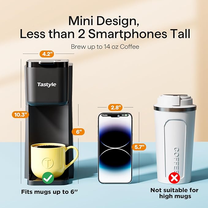 Tastyle Mini Hot and Iced Coffee Maker Single Serve, for K Cup and Ground, 6 to 14 Oz Brew Sizes, with Recipe Book, for Home, Travel, RV, Office and Dorm, Classic Black (2.0 Version)