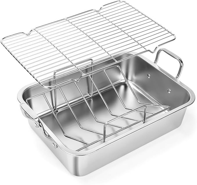 Nonstick Roasting Pan, 15 Inch Stainless Steel Turkey Pan with V-Shaped Rack &Cooling Rack - Rectangular Roaster for Turkey, Chicken, Vegetables,Healthy & Dishwasher Safe - Fits 20lb Turkey