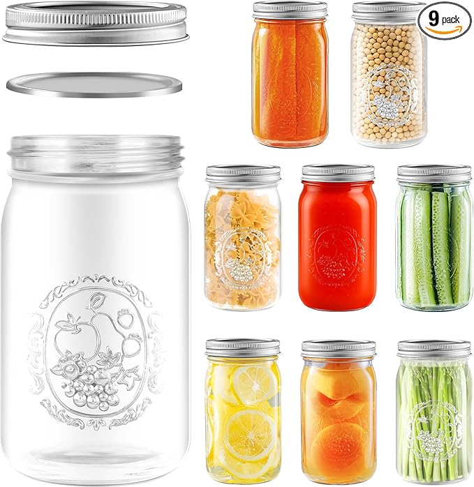 Miuyhji Wide Mouth Mason Jars 32 oz with Lids [9-Pack], Canning Jars with Metal Airtight Lids and Bands, 32 oz Glass Jars for Fermenting, Pickling, Freezing, Preserving, Meal Prep, Jar Décor