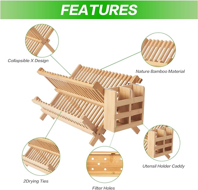 NOVAYEAH Bamboo Dish Drying Rack-2 Tier, Collapsible Small Dish Rack with Utensil Holder, Wooden Drying Rack for Kitchen Counter, Apartment Essentials Kitchen Plate Holder Organization 34 pcs Grid