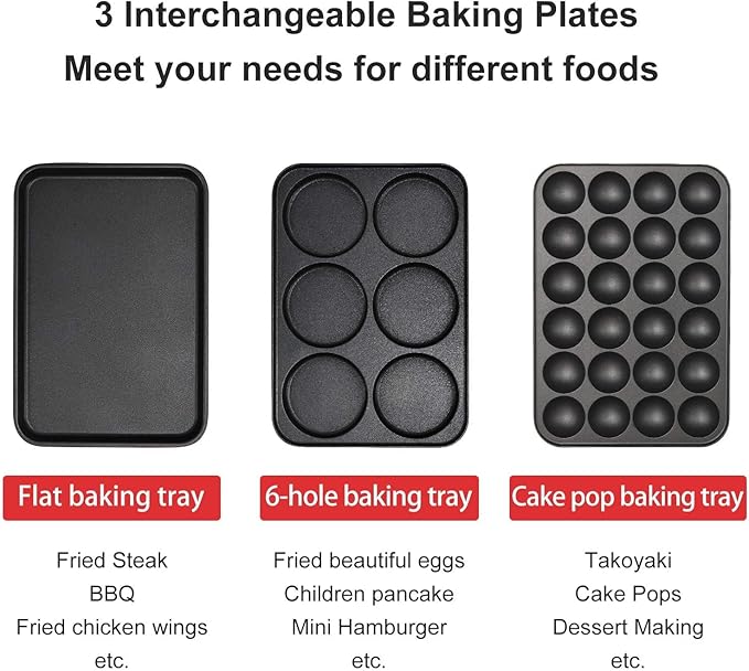 Health and Home Multifunction Nonstick Baking Maker with 3 Interchangeable Baking Plates for Fried Eggs, Fried Steak, Takoyaki, Cake Pops, Grill Maker, RED-1