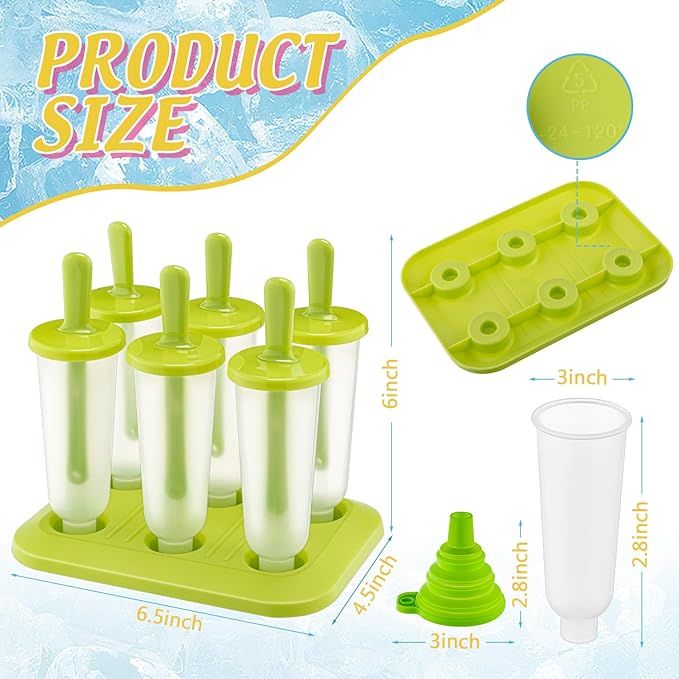 Bokon 6 Sets 36 Pcs Ice Cream Mold, BPA Free Kids Food Grade Reusable Plastic Ice Cream Tray Holder with Sticks, Easy Release Ice Pop Maker with Funnel and Brush, 3 Colors for DIY Freezer Homemade