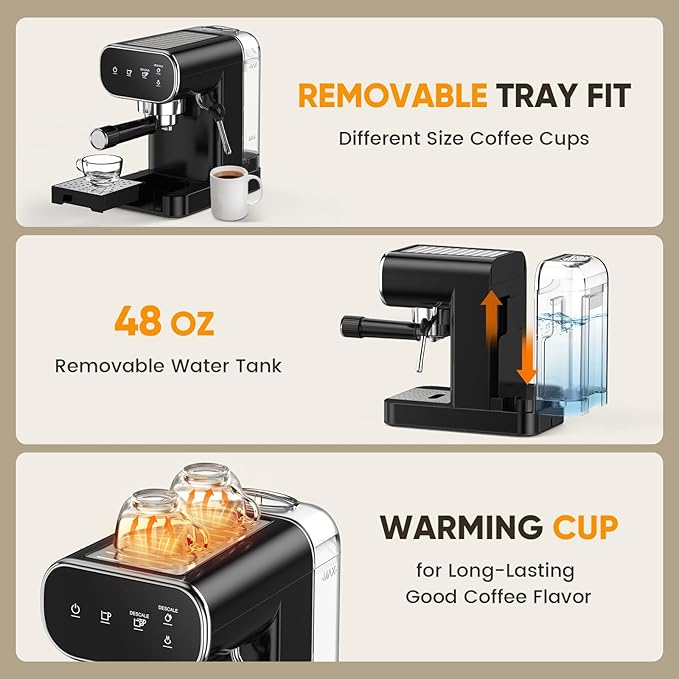 Horavie Espresso Machine 20 Bar, Home Espresso Maker with Touchscreen & Steam Milk Frother, Fast Heat-Up Coffee Machine with 48oz Removable Tank for Cappuccino, Latte, Americano, Black