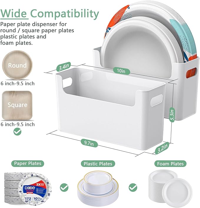2Pcs Paper Plate Dispenser for 6-9.5 Inch Disposable Plates, Space-Saving Plastic, Foam and Paper Plate Storage Organizer for Cabinet, Countertop, RV or Outdoor (White)