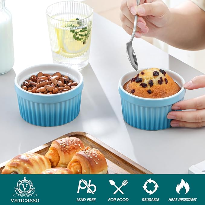 vancasso 8 oz Ramekins with Lid, Porcelain Creme Brulee Souffle Dishes, Blue Pudding Custard Cups Ramiken for Baking, Dishwasher and Oven Safe, Set of 6