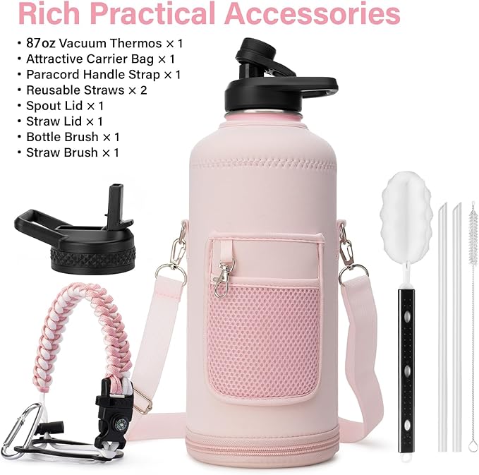 DYSANKY Insulated Water Bottle | Thickened Stainless Steel for Gym and Hiking with Straw, Carrier Bag, Handle Strap | BPA-Free 87 oz