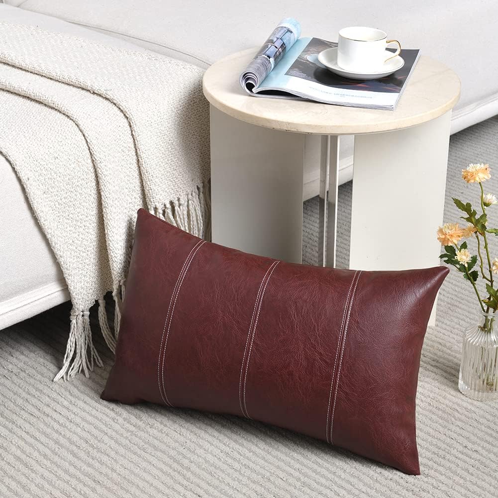 Fancy Homi Burgundy Long Lumbar Faux Leather Decorative Throw Pillow Covers 12x24 Inch for Living Room Couch Bed, Modern Farmhouse Boho Home Decor, Wine Red Hand Stitched Cushion Case 30x60 cm