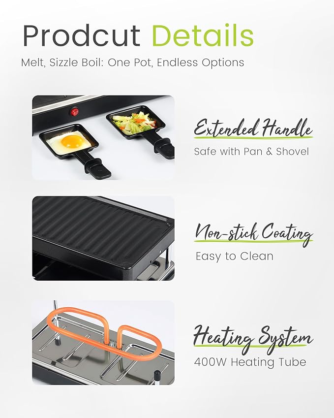 2-Person Raclette Table Grill - Indoor Non-stick Electric Grill Griddle - Series Connection Contact Grill up to 4 Grills, 2 Paddles Included, 2 Packs, BC-02