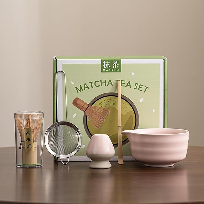 Matcha Whisk Set, 5 Pcs Matcha Kit for Matcha Lovers - Matcha Bowl with Spout, Matcha Whisk and Holder, Bamboo Matcha Scoop and Stainless Steel Sifter, Pink Ceramic Matcha Set
