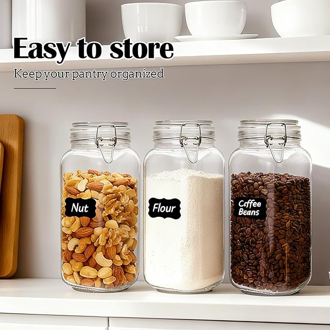78oz Glass Storage Jars with Airtight Lids Set of 3, Pantry Storage Containers with Lids, Square Large Airtight Glass Jars, Perfect for Kitchen Canning Cereal, Pasta, Flour, Coffee Beans