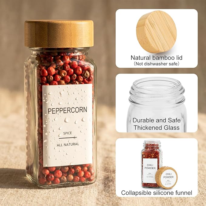 AISIPRIN Spice Rack with Spice Jars 398 Labels,4oz 24 Pcs Spices Jar with Bamboo Airtight Lids,Spices Container Set Seasoning Organizer for Countertop, Cabinet, Kitchen, Pantry, Cupboard