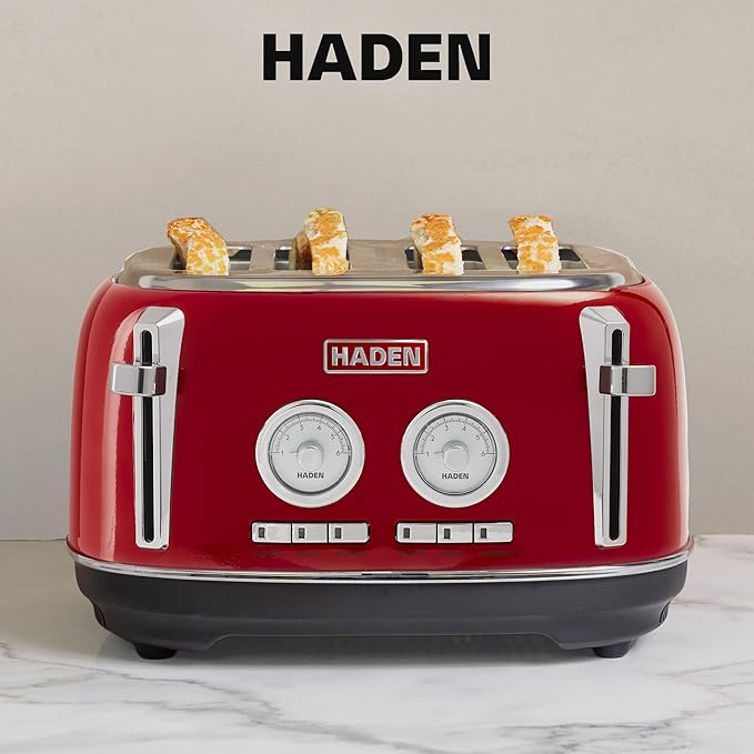 Haden Dorset 4 Slice Wide Slot Stainless Steel Toaster with Adjustable Browning Control & Non-Slip Feet, Rectory Red