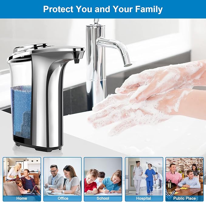 PZOTRUF Automatic Soap Dispenser, Touchless Dish Soap Dispenser 17oz/500ml with Upgraded Infrared Sensor, 5 Adjustable Soap Dispensing Levels, Liquid Hand Dispenser for Bathroom (Silver Set)