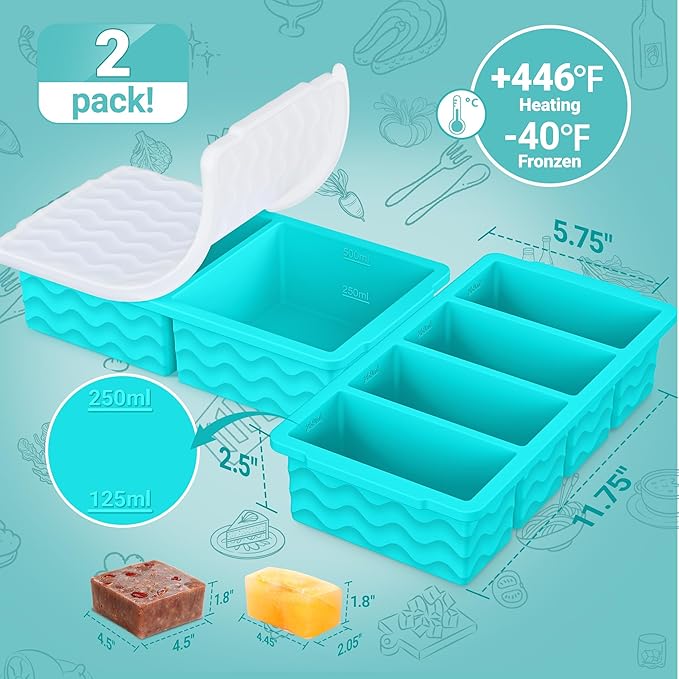 Silicone Freezer Molds for Soup with Lid, 1-Cup & 2-Cup Large Ice Cube Trays Food Storage Containers for Meal Prep, Freeze 500mL/250mL/125mL Portions – 4 Pack (1-Cup Green*2 & 2-Cup Blue * 2)