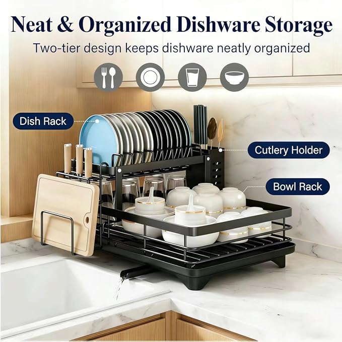 2 Tier Stainless Steel Dish Drying Rack with Auto-Draining Drainboard, Utensil Holder, Detachable & Space Saving Kitchen Counter Organizer, (Black),Chaos Coordinator Gifts