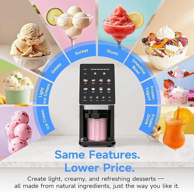 Ice Cream Maker & 10-in-1 Frozen Treat Maker, 20 oz 1 Pint, Mix-In + Re-Spin for Creamy Texture, Gelato, Sorbet, Slushie, Frozen Yogurt & Smoothie Bowls Machine for Homemade, Recipe Guide