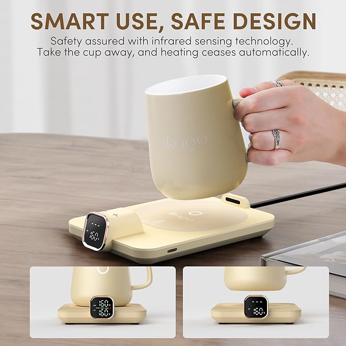 Coffee Mug Warmer & iKago Mug Set, Temperature Control Smart Heated Mug for Desk, Electric Coffee Warmer with Auto Shut Off & Real-Time Temp Display, Gifts for Men Women, 15oz Ceramic Mug