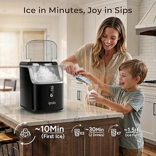 Nugget Ice Maker Countertop: 33lb/Day, Self-Cleaning, Black Stainless Steel, Portable, Soft Chewable Pebble Ice Machine for Home Kitchen, RV & Office