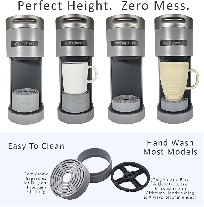 Elevate Anti-Splash Cup Riser Accessory for most Keurig K-cup, Cuisinart Single Serve, and other Coffee Makers, Adjustable for Cup Size and Drip Tray Type (Light Gray with Black Base)