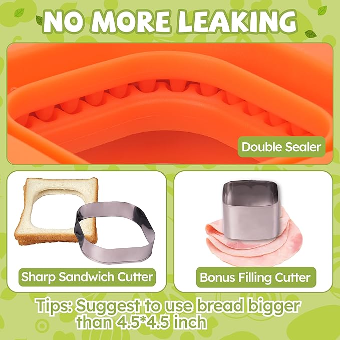 LEPCY Uncrustables Sandwich Maker Sealer Cutter, Crustless Sandwich Cutter, PB&J Uncrustable Maker - Color Orange, Square Shape