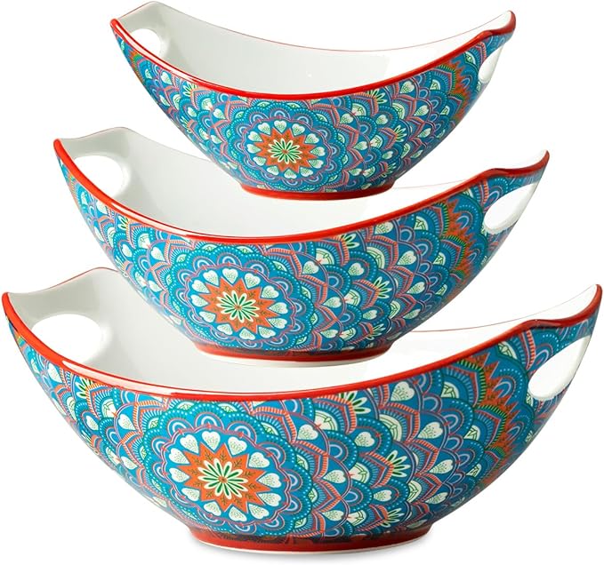 LAUCHUH Serving Bowls with Handles, Bohemian Porcelain Serving Dishes for Entertaining Colorful Nesting Bowls Salad Bowls for Kitchen, Mother's Day Party, Set of 3, 15/28/49 oz, Blue and Red