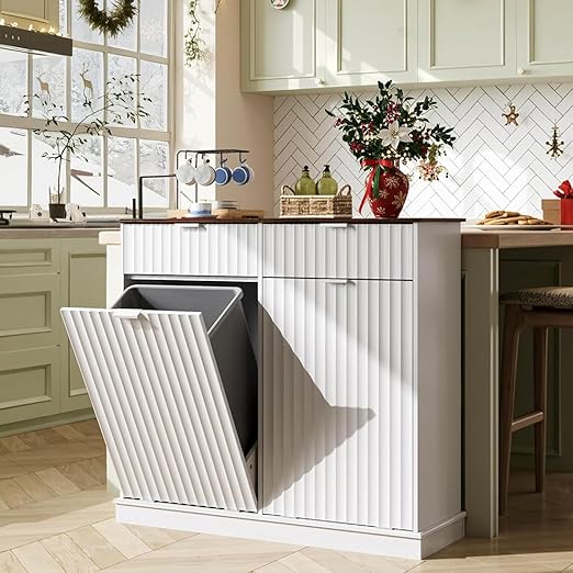 WLIVE 2 * 10 Gallon Double Tilt Out Trash Can Cabinet, Hidden Trash Can Cabinet with Storage Drawers,Food/Clothes Storage Pet Proof Wooden Trash bin Cabinet for Kitchen, Home, Laundry (White)