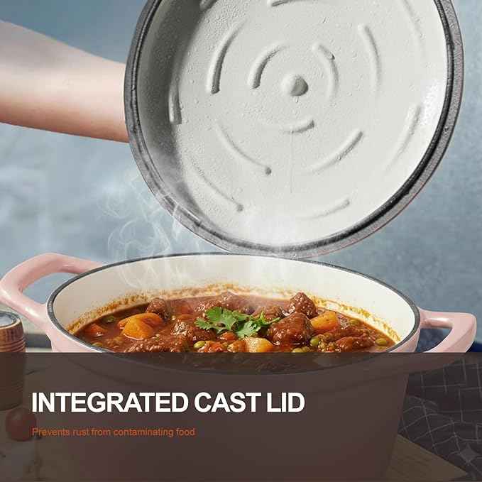 Overmont Refined Enameled Cast Iron Dutch Oven - 5.5QT Pot with Wide Handles Lid Cookbook & Cotton Potholders - Heavy-Duty Pre-Seasoned Cookware Oven Safe to 500°F for Braising, Stews, Roasting, Bread Baking