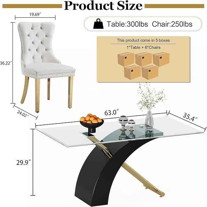 7 Piece Glass Dining Table Set for 6, 63" Modern Kitchen Table with 6 White Velvet Chairs, Tempered Glass Tabletop with Black X-Shaped MDF Base, Modern Dining Room Set for Kitchen and Dining Room