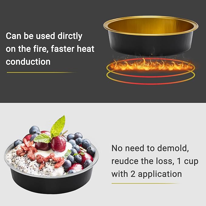 Beasea Aluminum Cupcake Pans With Lids, 4 Inch 100 Pack Disposable Pie Pans For Cake, 8 Oz Aluminum Pie Pan Tin Black Golden Tart Pans Round Oven Baking Mini Cake Pan For Pie Tart Quiche