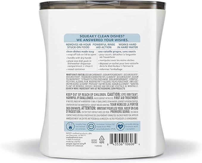 Method Dishwasher Detergent Packs, Fragrance Free + Clear, Dishwashing Rinse Aid to Lift Tough Grease and Stains, 30 Dishwasher Tabs per Package, (Pack of 4)