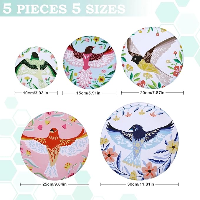5-Size Reusable Beeswax Bowl Covers for Bread Proofing, Cotton Cloth Flexible Beeswax Wraps for Food Storage(Floral Bird)