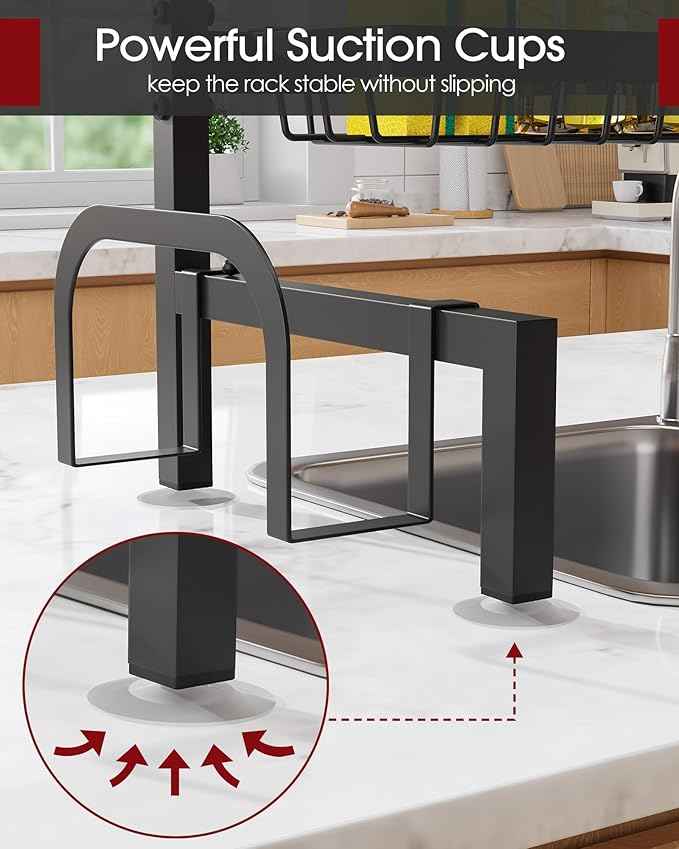 Over The Sink Dish Drying Rack - Adjustable 3 Tier XX-Large Capacity Stainless Steel Drainer with Cutlery & Utensil Holders, Kitchen Storage & Organization, 31.5"-39.5"L x 12"W x 30.5"H, Black