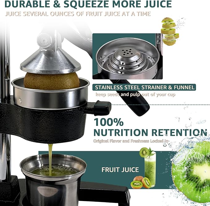 Commercial Heavy Duty Manual Citrus Juicer Press - Professional Cast Iron Hand Orange Squeezer with 304 Stainless Steel Strainer & Cup - Fruit Extractor for Pomegranate, Lemon, Lime - Black
