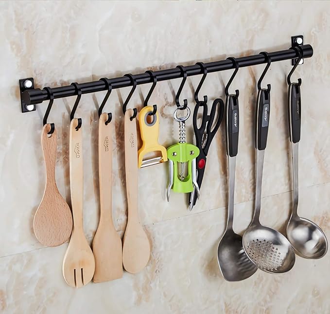 WONMILLE Gourmet Kitchen Utensil Rack with 6 Hooks, Wall Mounted Rail Wrought Iron Hanging Utensil Holder Rack with Removable S Hooks 16 Inch (Black-6 Hooks)