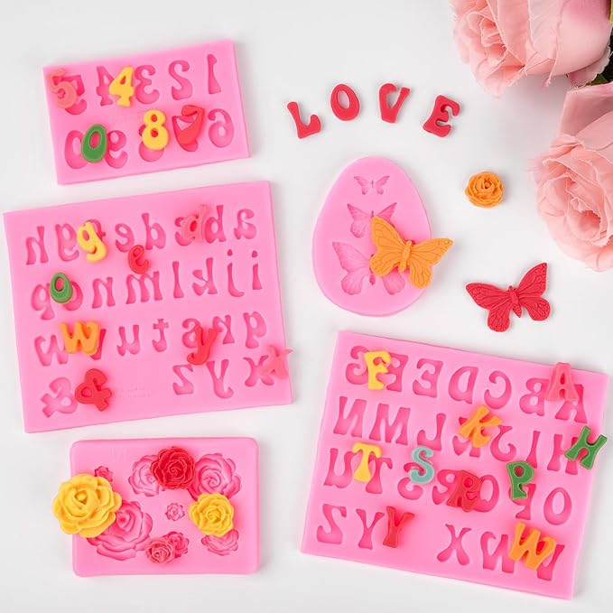 5 PCS Silicone Letter Molds, Non-Stick Number Rose Flower Butterfly Fondant Molds for Chocolate, Candy, Cake Decoration, Cupcake Topper