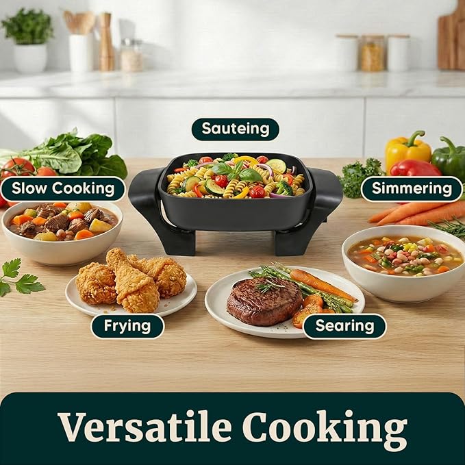 Elite Gourmet EG808 8” x 8" Non-stick Electric Skillet, Dishwasher Safe with Tempered Glass Vented Lid, Rapid Heat Up, 600W, Black
