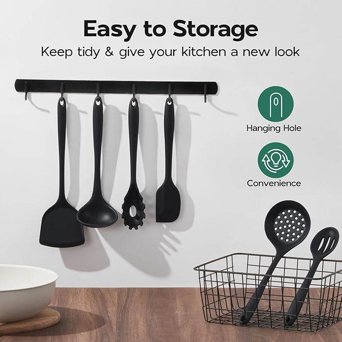 Onader Cooking Utensils Set of 6, Black Silicone Kitchen Cooking Utensils Set for Nonstick Cookware, Non Toxic & Dishwasher Safe
