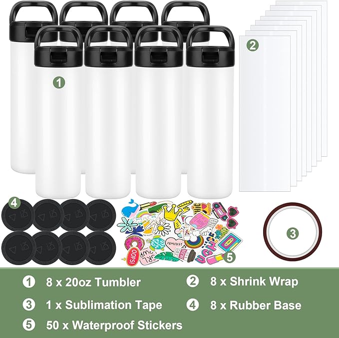 8 Pack 20oz Sublimation Tumbler Set Triple-Insulated Stainless Steel Sports Water Bottle with Straw Lid Blank Sublimation Cup with DIY Stickers, Shrink Wrap, Rubber Base, Heat Tape for Heat Transfer