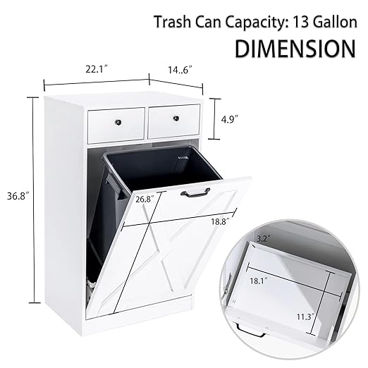 13 Gallon Tilt Out Trash Cabinet with 2 Drawers Wood Hidden Kitchen Recycling Cabinet Free Standing Pet Proof Trash Can Laundry Cabinet for Kitchen (White)
